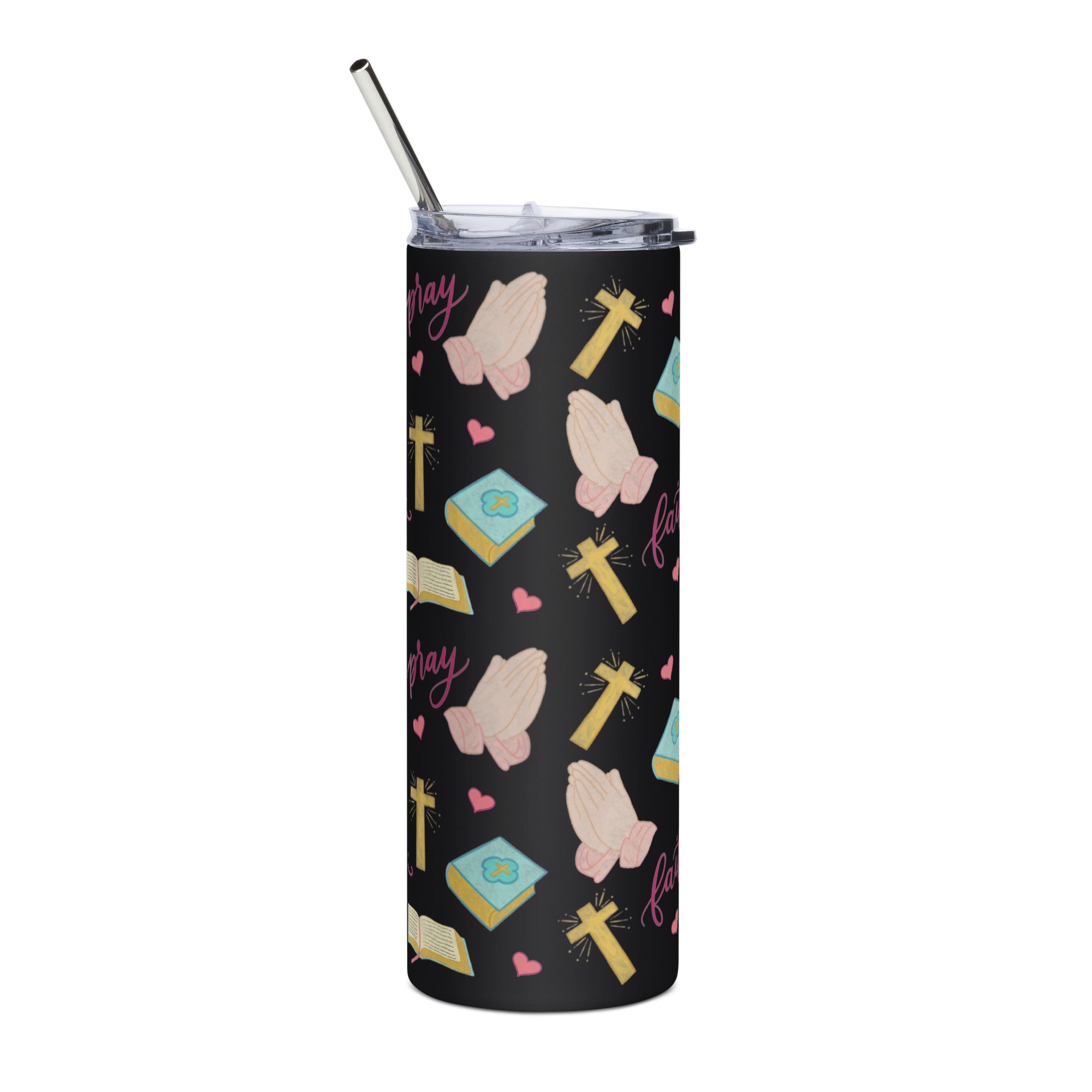 Faith, Trust, Pray & Love Skinny Black Tumbler Straw on Left