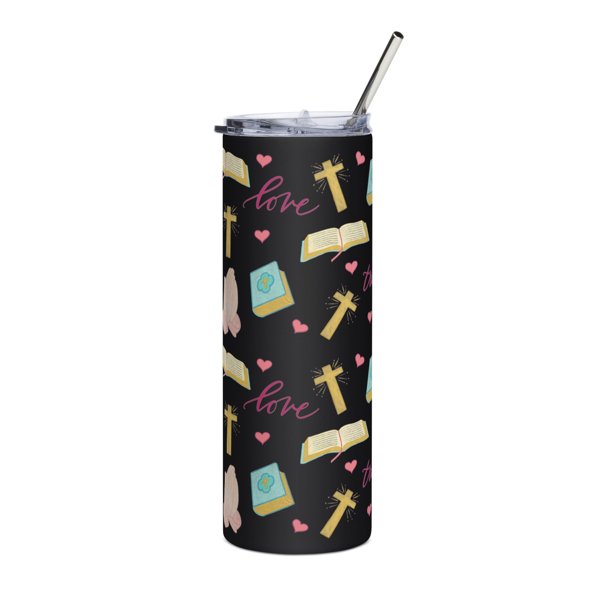 Faith, Trust, Pray & Love Skinny Black Tumbler Straw on Right