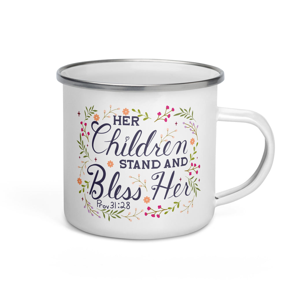 Her Children Stand And Bless Her 12 oz Camping Mug Handle on Right