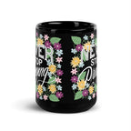 Never Stop Praying Black Ceramic Floral Christian Mug 15oz front view