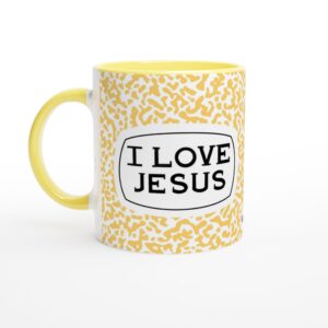 I Love Jesus Yellow Composition Book Print 11oz Ceramic Mug