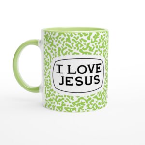 I Love Jesus Green Composition Book Print 11oz Ceramic Mug
