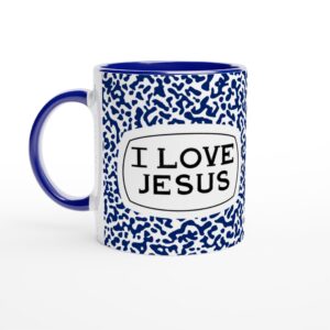 I Love Jesus Blue Composition Book Print 11oz Ceramic Mug